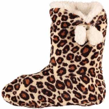 Hoge dames slof sokken met luipaard print bruin